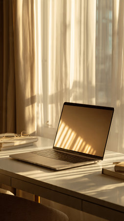Laptop on the table in the room with sunlight from the windowの写真素材