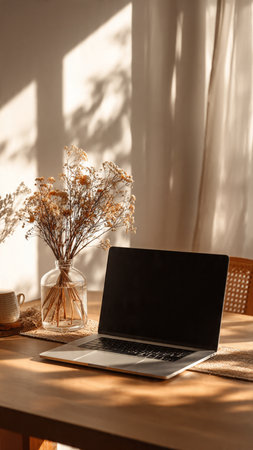 Laptop with blank screen on table in cafe. Mockup for designの写真素材