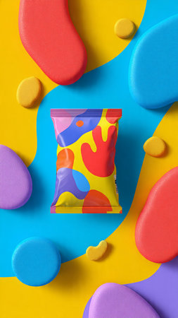 Plastic bag with colorful candies on color background, top viewの写真素材