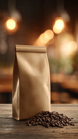 Coffee beans in paper bag on wooden table against blurred backgroundの写真素材