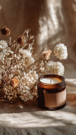 candle and dried flowers on table in morning light, selective focusの写真素材