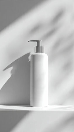 White cosmetic bottle with dispenser on white shelf with shadow overlay.の写真素材