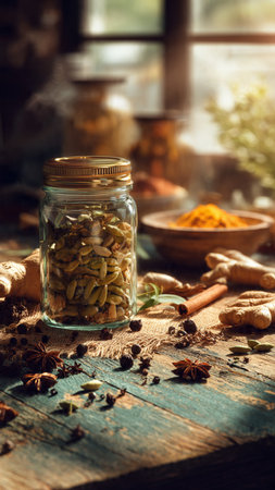 Spices in glass jar on rustic wooden table, selective focusの写真素材