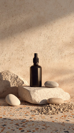 Mockup of black bottle of cosmetic product on stone podium. 3d renderの写真素材