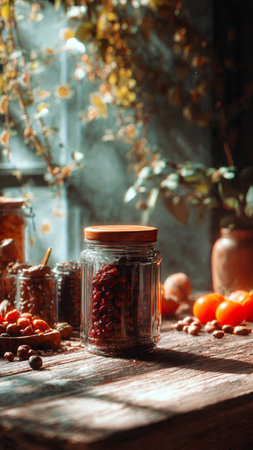 Spices in glass jars on rustic wooden table, selective focusの写真素材
