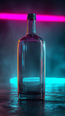 Glass bottle on a dark background with a beam of light.の写真素材