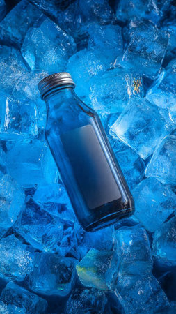 bottle with ice cubes on blue background, closeupの写真素材