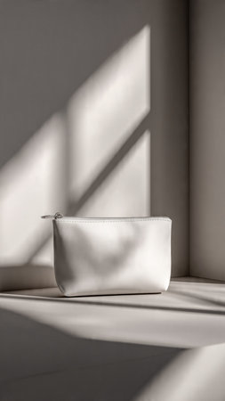 white cosmetic bag on table in sunlit room with shadows on wallの写真素材
