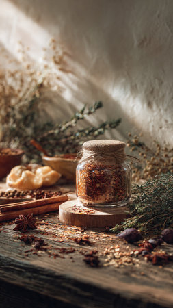 Dried herbs and spices in a glass jar on a wooden tableの写真素材