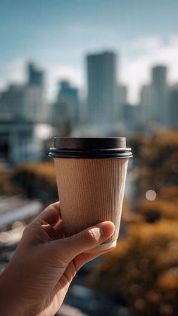 Female hand holding a paper cup of coffee on the background of the cityの写真素材