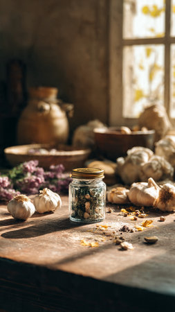 garlic in a glass jar on a wooden table, rustic styleの写真素材