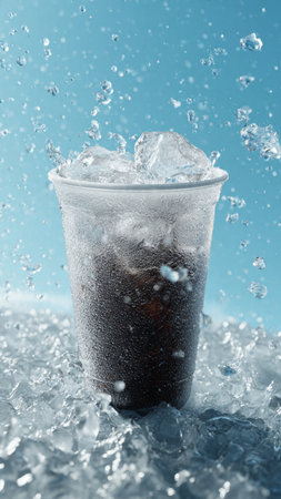 Ice cubes falling into a cup of cola with water splashesの写真素材