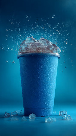 Ice cubes falling into a paper cup with water splashes on blue backgroundの写真素材
