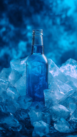 Bottle of cold water with ice cubes on a blue background.の写真素材