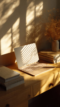 Laptop and books on the table in the morning sunlight with shadowの写真素材