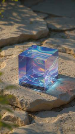 Glass cube on a stone in the garden. Selective focus.の写真素材
