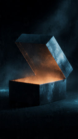 3d rendering of an open box on a dark background with smokeの写真素材