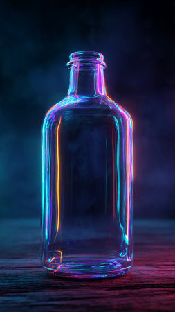 Empty glass bottle on a dark background with neon light and smoke.の写真素材