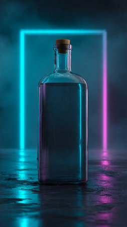 Bottle on a dark background with neon lightの写真素材