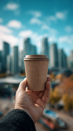 A man holds a paper cup of coffee on the background of the city.の写真素材