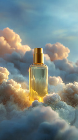 Perfume bottle on a background of clouds. 3d renderingの写真素材