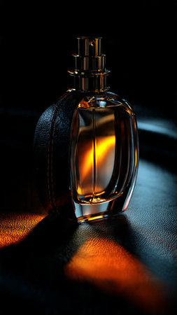 perfume bottle on a black background with a lot of lightの写真素材