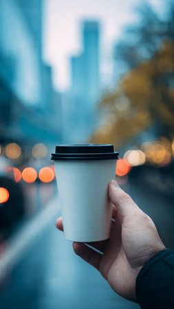 A man holds a paper cup of coffee in his hand on the background of the night cityの写真素材