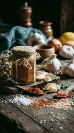 Garlic, salt and spices on rustic wooden background, selective focusの写真素材