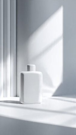 White cosmetic bottle on a white background with shadows. Mock up.の写真素材