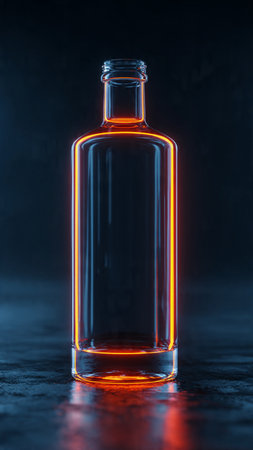 Glass bottle on a dark background with neon light.の写真素材