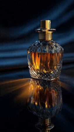 Perfume bottle on a dark background with reflection in the mirrorの写真素材