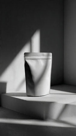 White container on a white background. The shadow of the sun.の写真素材