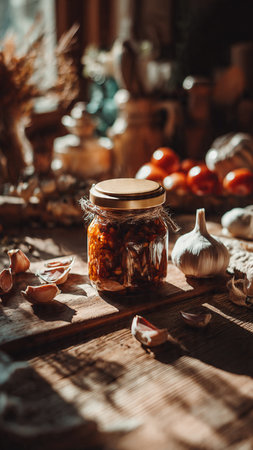 Garlic in a glass jar on a wooden table, rustic styleの写真素材