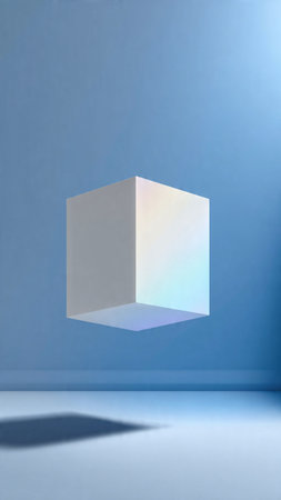 3d rendering of a cube floating in the air on a blue backgroundの写真素材