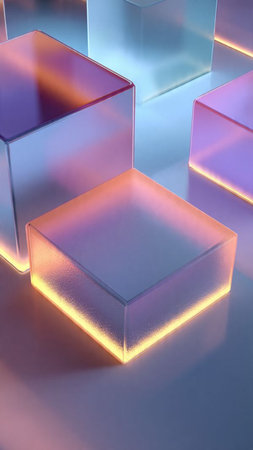 3d rendering of abstract geometric shapes in blue and orange light.の写真素材