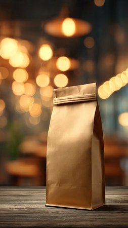 Brown paper bag on wooden table against blurred background. Mock up for designの写真素材