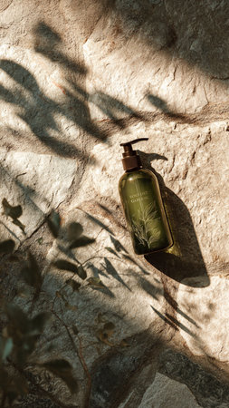 top view of green bottle on stone background with shadows from tree branchesの写真素材