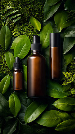 Mockup of cosmetic bottles on green leaves background. Flat lay.の写真素材