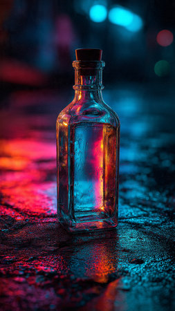 Bottle on dark background with colored lights. Selective focusの写真素材