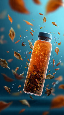 3d render of a bottle of herbal tea with falling leaves.の写真素材