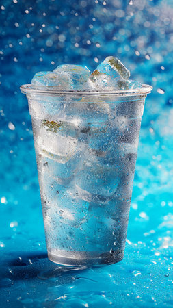 Ice cubes in a glass on a blue background with water splashesの写真素材