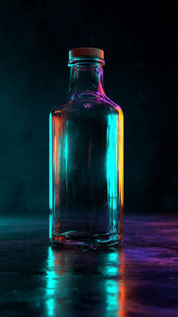 Empty glass bottle on a dark background with blue and red lighting.の写真素材