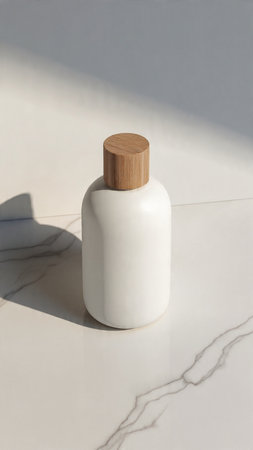 Blank cosmetic bottle on white marble background with hard shadow. Mock upの写真素材