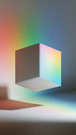 3d rendering of a white cube with a rainbow gradient background.の写真素材