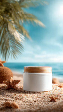 Jar of cream on the sand with palm tree and sea background.の写真素材