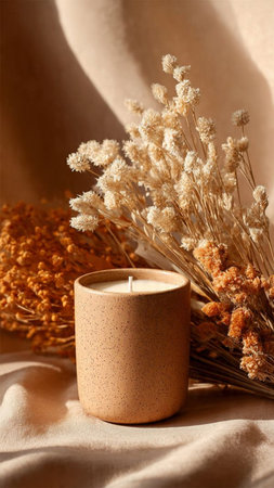 Burning candle and dried flowers on beige fabric, closeupの写真素材