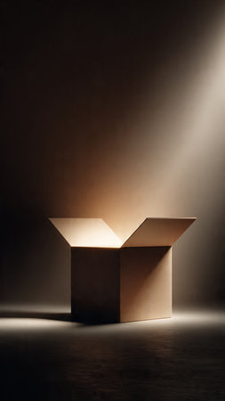 Open cardboard box on a dark background with a beam of light.の写真素材