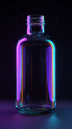 Empty glass bottle on a dark background. Blue and pink neon light.の写真素材