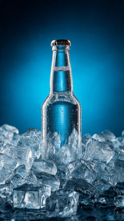 Bottle of cold water with ice cubes on blue background, close upの写真素材
