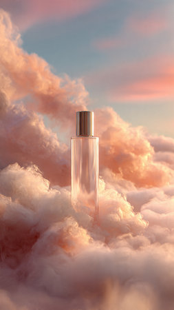 Perfume bottle on the background of clouds. 3d renderの写真素材